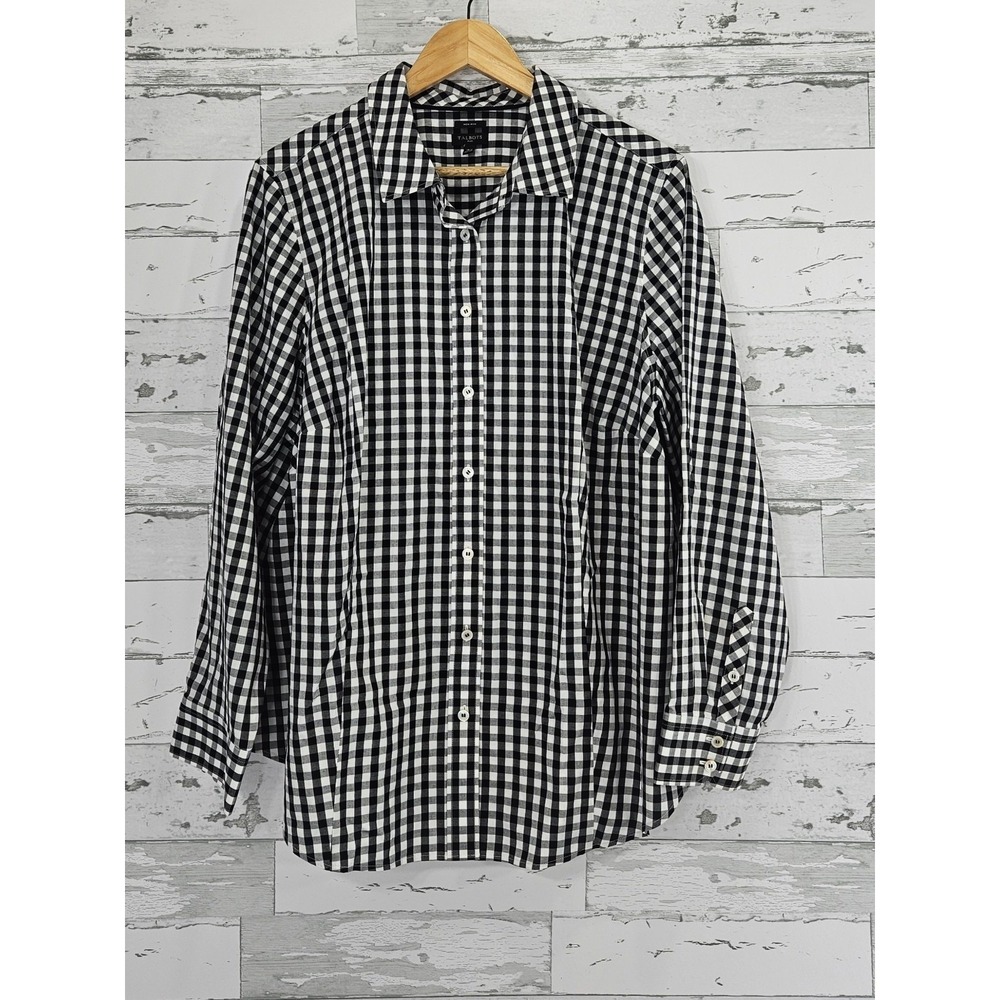Talbots Plus Womens 18W Gingham Button Up Shirt Black White Non-Iron Cotton Blen